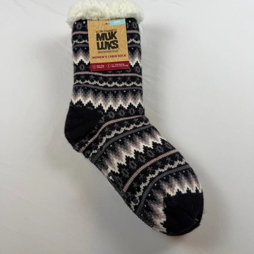 Muk Luks Womens Cabin Socks Fair Isle Black Grey Faux Shearling Non-Slip OS